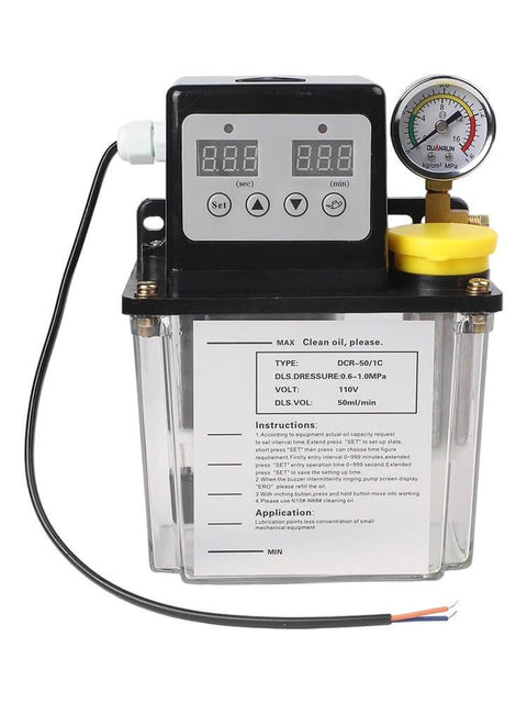 Automatic Lubricating Oil Pump For CNC Machinery With Electronic Display And 110V Alloy Gear Oiler Available In 1L Or 2L Capacity High Pressure Gauge For Precise Control Black Transparent Housing Delivers Continuous Oil Feed