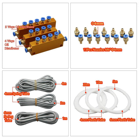 Automatic CNC Lubrication Pump System Kit parts with oil distributors, nozzles, and tubing for CNC machines and lathes.