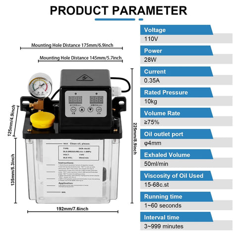 Automatic Lubrication Oil Pump For CNC Machines With 0 To 1.6 MPa Pressure Gauge And Low Oil Alarm, 110V 2L Oiler with Parameters