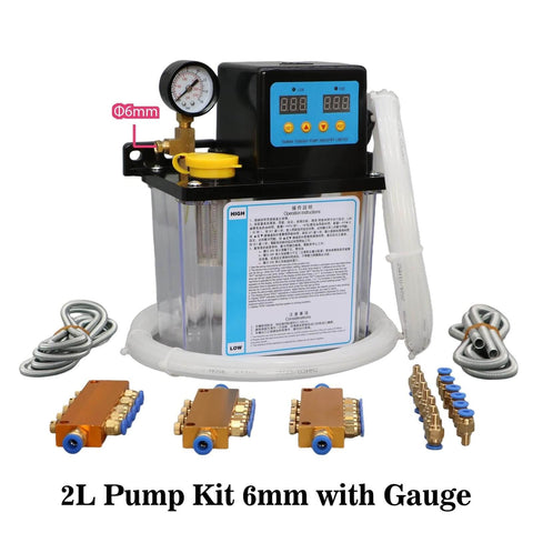 CNC Lubrication Pump System Kit For Automatic Lubricant Delivery 2L with 6mm connections, high-flow gauge, for CNC machine tools lathe