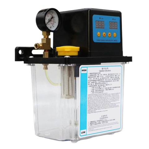 2L CNC Lubrication Pump System Dual Voltage AC220V AC110V with gauge and controls, transparent reservoir, for CNC lathe use
