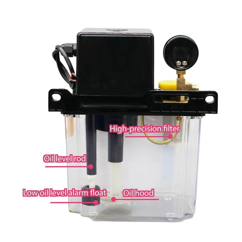 2L CNC Lubrication Pump Kit With Electromagnetic Automatic Oil Pump System For CNC Machines, clear reservoir, front view