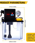 Automatic CNC Lubrication Oil Pump With Digital Display And Pressure Gauge, 110V 2L, showing product dimensions and specifications