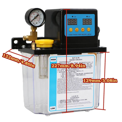 2L CNC Lubrication Pump System Dual Voltage AC220V AC110V with 4mm and 6mm fittings, showing size dimensions for precision machining