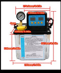 Automatic CNC Lubrication Pump System Kit with 1L and 2L capacity, digital display, and measurement details for CNC machine tools lathe.