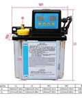 Automatic CNC Lubrication Pump System Kit 1L 2L with display, dimensions, and wiring for precise tooling and smooth operation.