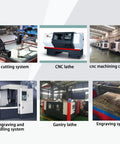 Collage of CNC systems including CNC cutting, CNC lathe, CNC machining center, engraving, and milling systems in an industrial setting.