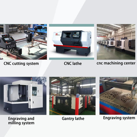 Collage of CNC systems including CNC cutting, CNC lathe, CNC machining center, engraving, and milling systems in an industrial setting.