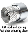 Close-up of All Metal Pipe Deburring And Reaming Tool For Copper Pipe And PVC Tubing With Drill Adaptor Pro Grade 1/4 To 1 5/8 Inch Inner And Outer Chamfer Bevel Tool Vouyar, showing CNC machined housing.