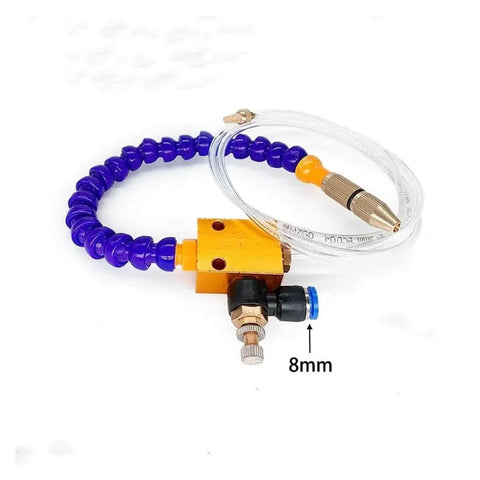 CNC Cooling Sprayer Mist System For 8mm Air Pipe with adjustable nozzle, showcasing blue plastic hose and metal fittings for precision cooling.