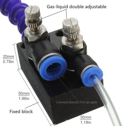 Mist Coolant Lubrication Spray System For Metal Cutting Engraving And Machining On CNC Lathe Milling And Drill Machines With Air Pipe Sealed Design To Prevent Leaks And Boost Safety Easy Cleanup Of Water And Chips By OriGlam showing adjustable valves and connections.