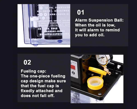 Close-up of Workhorse 24V Electromagnetic Lubrication Pump showing alarm suspension ball and fueling cap with digital display and pressure gauge.
