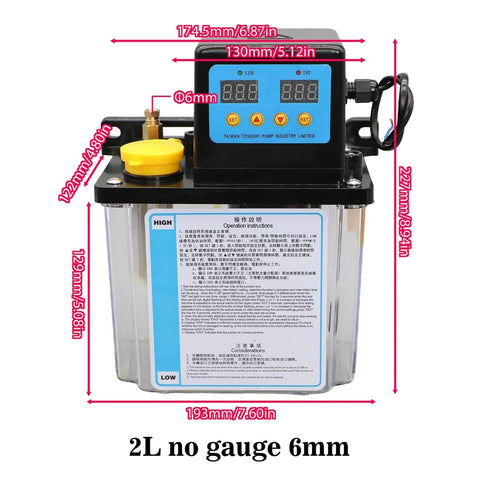 Front view of Heavy Duty CNC Oil Lubrication Pump System with 2L tank, 6mm ports, automatic electric pump for CNC tools.