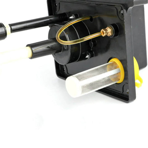 Close-up of Dual Digital Display Automatic Oil Lubrication Pump for CNC Engraving Router Machines showing the oil tubing and filter.