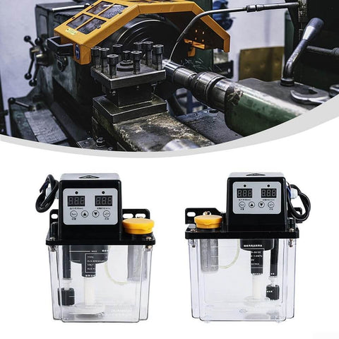 Automatic Lubricating Oil Pump With Alloy Gear Pump For CNC Machines 110V Electronic Display Panel shown with transparent black reservoir.