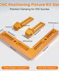 Diagram of CNC Workpiece Positioning Fixture showing L-bracket and mini side clamps with dimensions for T slot tables.