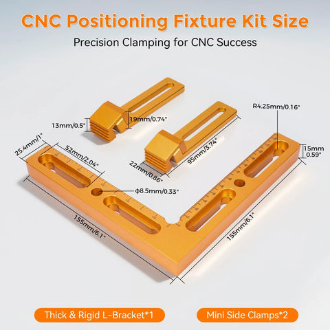 Diagram of CNC Workpiece Positioning Fixture showing L-bracket and mini side clamps with dimensions for T slot tables.