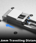 Close-up of Low Profile CNC Router Vise Clamp for Large Woodworking and Metalworking Projects Genmitsu Compatible, showing travel distance