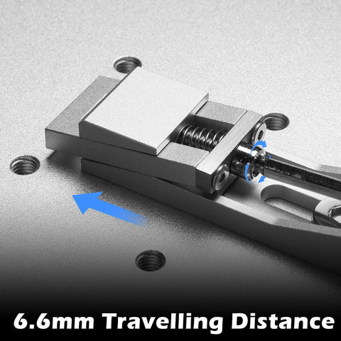 Close-up of Low Profile CNC Router Vise Clamp for Large Woodworking and Metalworking Projects Genmitsu Compatible, showing travel distance