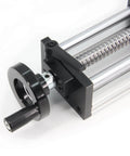 Close-up of a 200mm effective travel length double optical axis guide ballscrew sfu1605 with hand crank for CNC DIY projects.