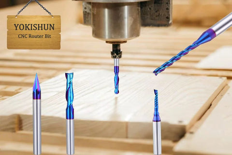5PCS CNC Router Bits Set 1/4 inch Shank Spiral Carbide End Mill Multipurpose Router Bits displayed on a wooden surface