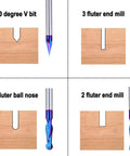 Image showing 5PCS CNC Router Bits Set 1/4 inch Shank Spiral Carbide End Mill with 30 degree V bit, 3 fluter end mill, 2 fluter ball nose.