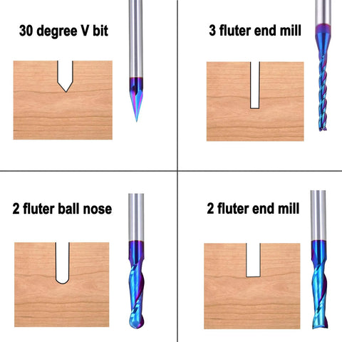 Image showing 5PCS CNC Router Bits Set 1/4 inch Shank Spiral Carbide End Mill with 30 degree V bit, 3 fluter end mill, 2 fluter ball nose.
