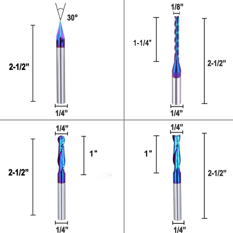 5PCS CNC Router Bits Set 1/4 inch Shank Spiral Carbide End Mill with dimensions and bit details for various applications