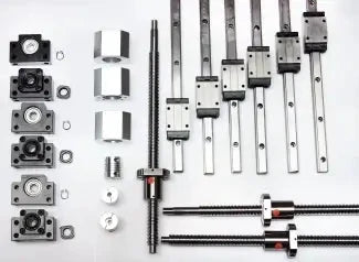 Components of 8x4 Ft. CNC Router Kit Rail Guide System w/16-20mm Rails & Ball Screws including rails, ball screws, and bearings.