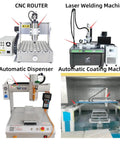 CNC router, laser welding machine, automatic dispenser, and automatic coating machine displayed together
