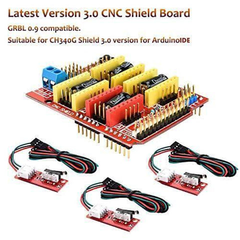 3D Printer CNC Controller Arduino Kit with GRBL CNC shield V3.0 and endstops, shown in detail for DIY projects