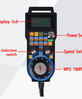 Six Axis USB Wired Mach3 Handwheel MPG for CNC with display LCD, power switch, axis selection, speed switch, remote control dial.