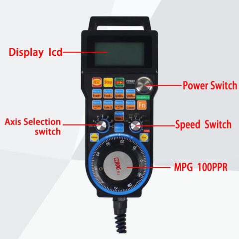 Six Axis USB Wired Mach3 Handwheel MPG for CNC with display LCD, power switch, axis selection, speed switch, remote control dial.