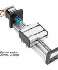 Automatic ball screw linear CNC slide table with stepper motor, 100mm stroke aluminum actuator stage shown in front view