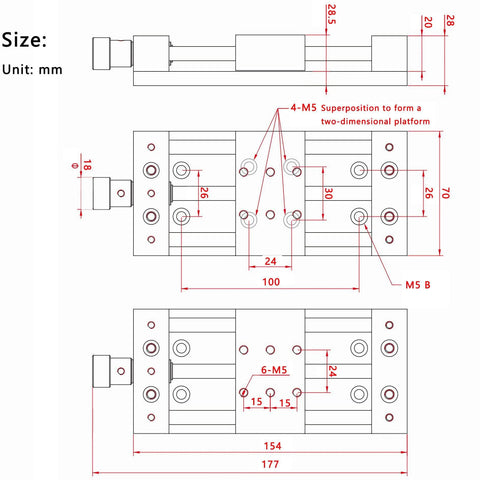 Technical drawing of CNC Sliding Table, X/Y Axis Linear Stage Actuator, 75mm Stroke Manual Linear Position Stage with dimensions.