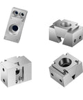 Heavy Duty 2 Pack CNC Stop Block Kit with push and pull action cam clamps for workbench milling, side view of metal components.