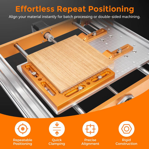 CNC Workpiece Positioning Fixture for Vise and Clamps on T Slot and Perforated Tables showing repeatable positioning feature.