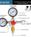CO2 beer regulator for home kegerators with dual gauges, red adjustment knob, and yellow shut-off switch. Includes hose clamps and washers.