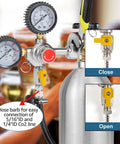 CO2 beer regulator for home kegerators with gauges showing pressure settings, red knob, yellow gas switch, and hose barb for easy connection.