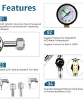 High Pressure CO2 Keg Regulator With Dual Gauges features diagram including CGA320 connector and pressure suggestions for beer and soda