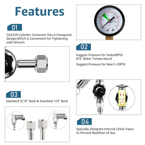 High Pressure CO2 Keg Regulator With Dual Gauges features diagram including CGA320 connector and pressure suggestions for beer and soda