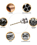 Image showing a drill bit surrounded by icons representing materials like copper, galvanized pipe, titanium alloy for 1/8 Inch Cobalt Drill Bits 13 Pack M35 Industrial Grade 2.55 Inch Length 135 Degree Split Point.