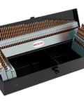 Open metal box displaying complete Cobalt Drill Bit Set 115 Piece M35 High Speed Steel for hardened metals and various materials.