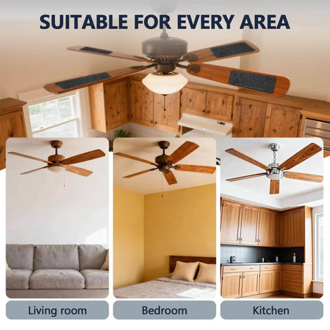 Ceiling fan with 10 pcs activated coconut shell carbon ceiling fan filters for blades in living room, bedroom, and kitchen.