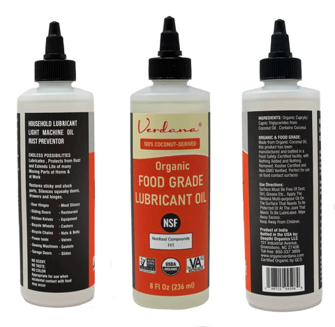 Front and side view of Food Grade Pro Grade Lubricant Oil For Food Equipment With NSF H1 Certification, 8 oz bottle