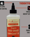 Food Grade Pro Grade Lubricant Oil For Food Equipment With NSF H1 Certification, Organic Coconut Derived, in squeeze bottle with features.