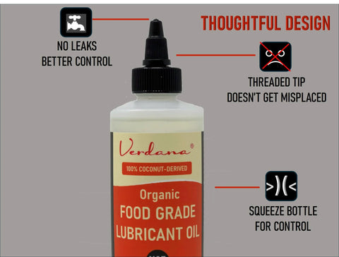 Food Grade Pro Grade Lubricant Oil For Food Equipment With NSF H1 Certification, Organic Coconut Derived, in squeeze bottle with features.