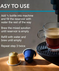 Instructions for using Two Pack Universal Coffee Descaler For All Machines Including Keurig Nespresso Delonghi And Other Single Serve Coffee And Espresso Makers Made In USA 8 Oz Bottles Providing Four Descale Sessions To Remove Mineral Buildup And Residue with coffee and capsules visible