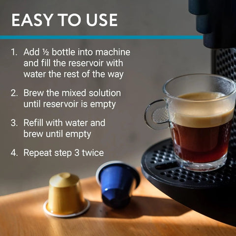 Instructions for using Two Pack Universal Coffee Descaler For All Machines Including Keurig Nespresso Delonghi And Other Single Serve Coffee And Espresso Makers Made In USA 8 Oz Bottles Providing Four Descale Sessions To Remove Mineral Buildup And Residue with coffee and capsules visible