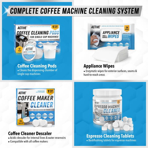 Complete coffee machine cleaning system with coffee cleaning pods, appliance wipes, coffee maker cleaner descaler, and espresso cleaning tablets